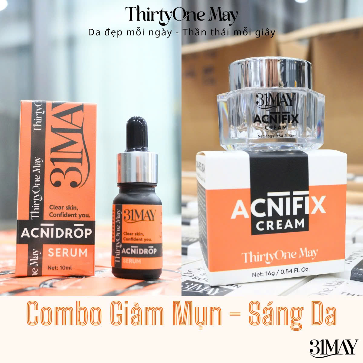 Ảnh ghép Acnidrop Serum bên cạnh Acnifix Cream cùng tông thiết kế
