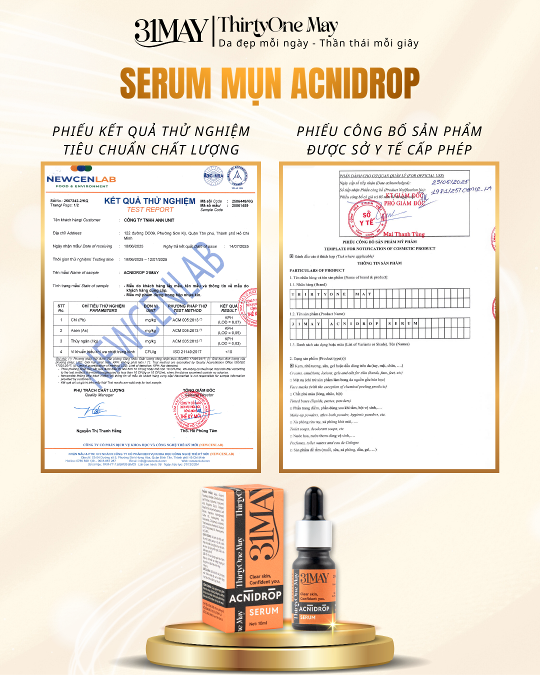 Bao bì hiển thị phiếu kết quả thử nghiệm và phiếu công bố sản phẩm