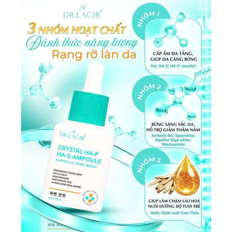 Ảnh nêu 3 nhóm hoạt chất và tên Crystal HA-P HA-0 Ampoule.
