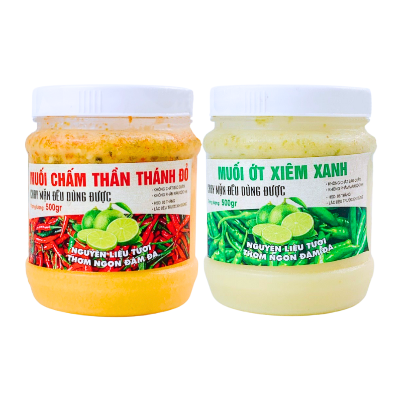 Khám phá Set 2 Hộp Muối Chấm Thơm Ngon 500g - Muối Chấm Thần Thánh Đỏ & Muối Ớt Xiêm Xanh thuộc nhóm Gia vị, muối, đường, bột ngọt, hạt nêm