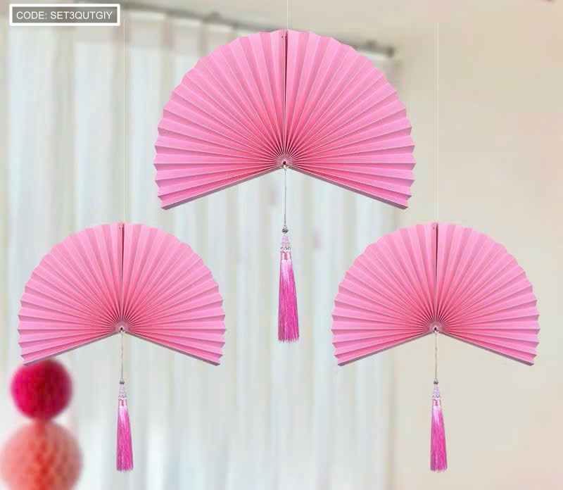 Set 3 quạt giấy treo đỏ có dây treo 20cm 30cm 40cm