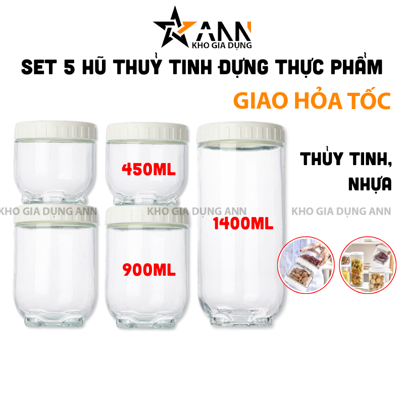 Set 5 Lọ Thủy Tinh Đựng Thực Phẩm 450 - 900 - 1400ml - Set 5 Hũ