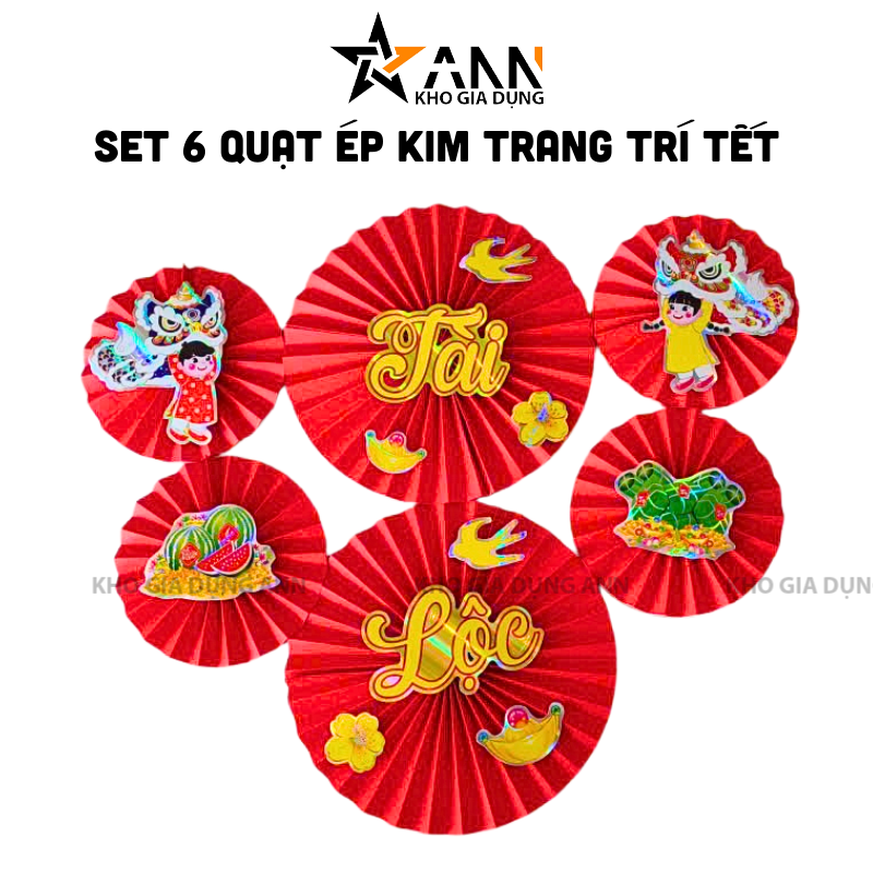 Ảnh tổng quan set 6 quạt xếp đỏ ép kim với các mẫu chữ và họa tiết