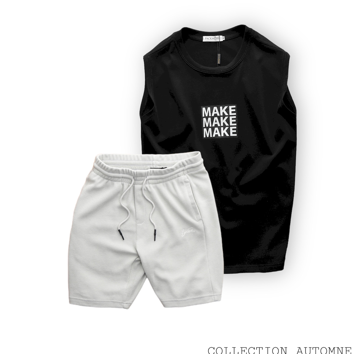 Phối áo ba lỗ chữ “MAKE” cùng quần short sáng màu