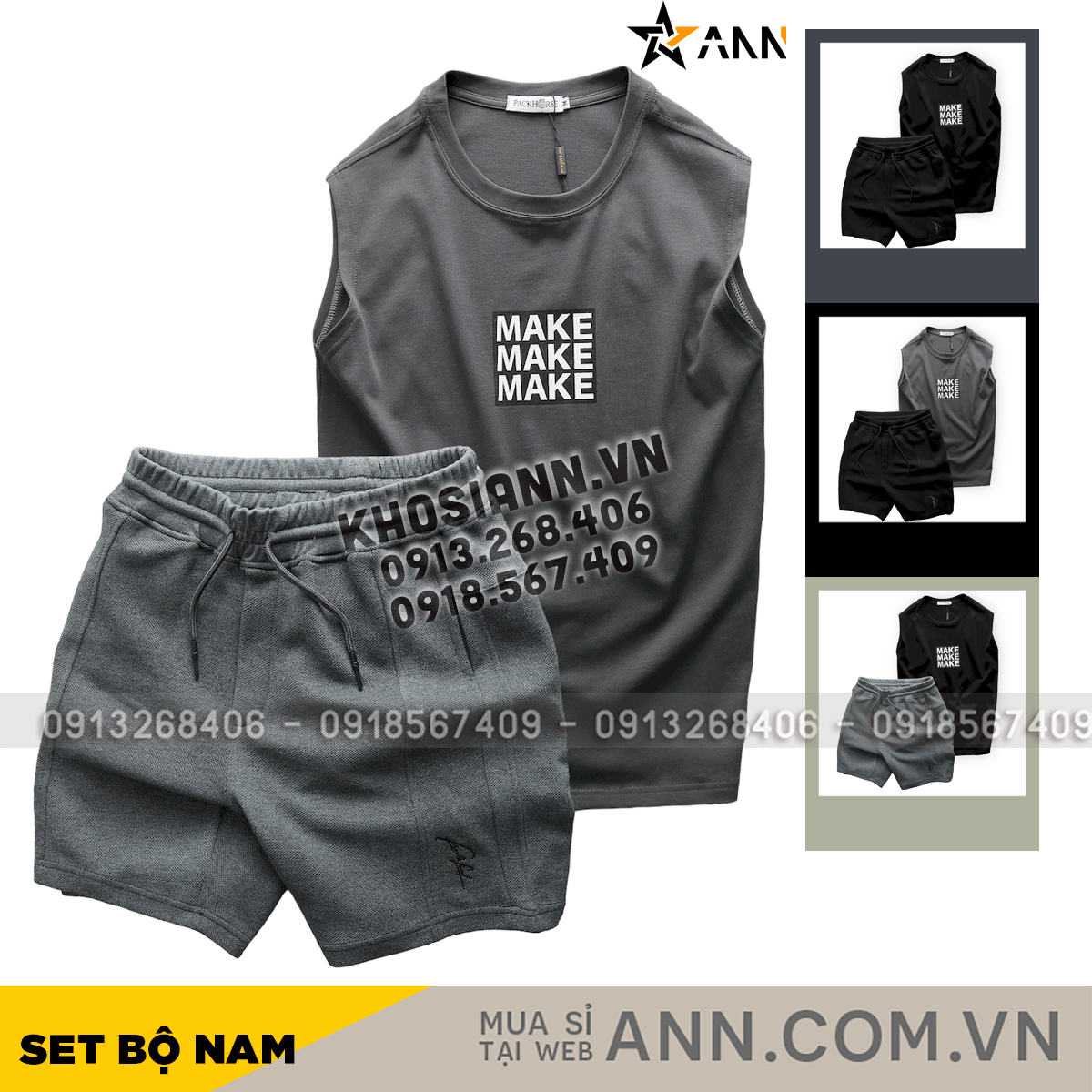 Set Bộ Nam Áo Ba Lỗ In Chữ Make Quần Short Thun Viền Sọc