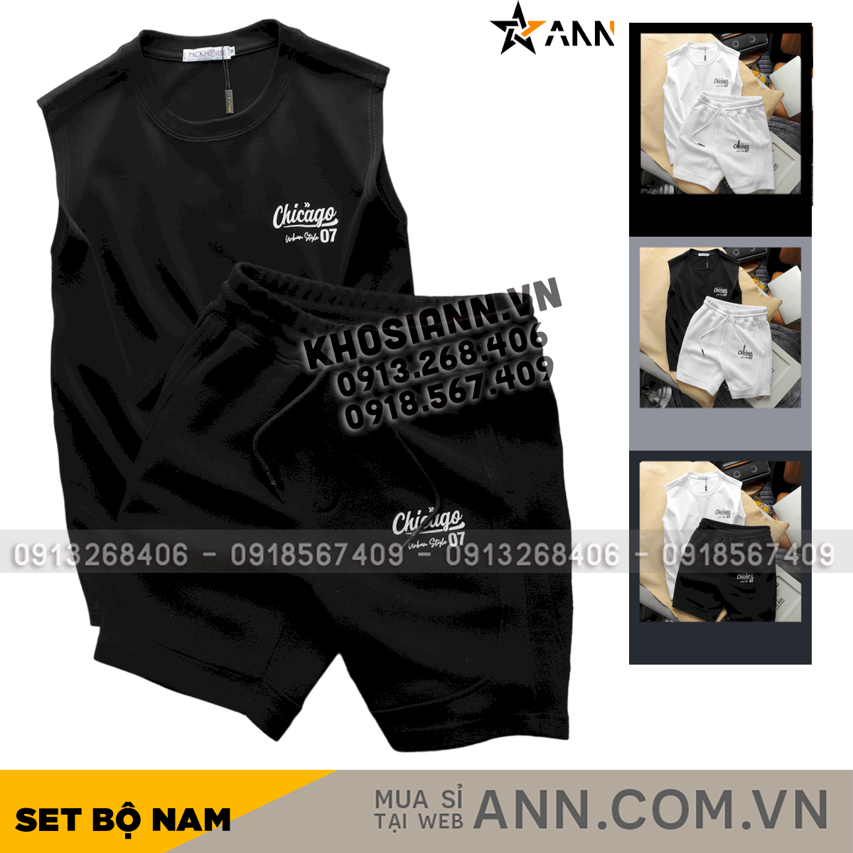 Set Bộ Nam Áo Ba Lỗ Phối Quần Short Thun In Logo Chữ Chicago