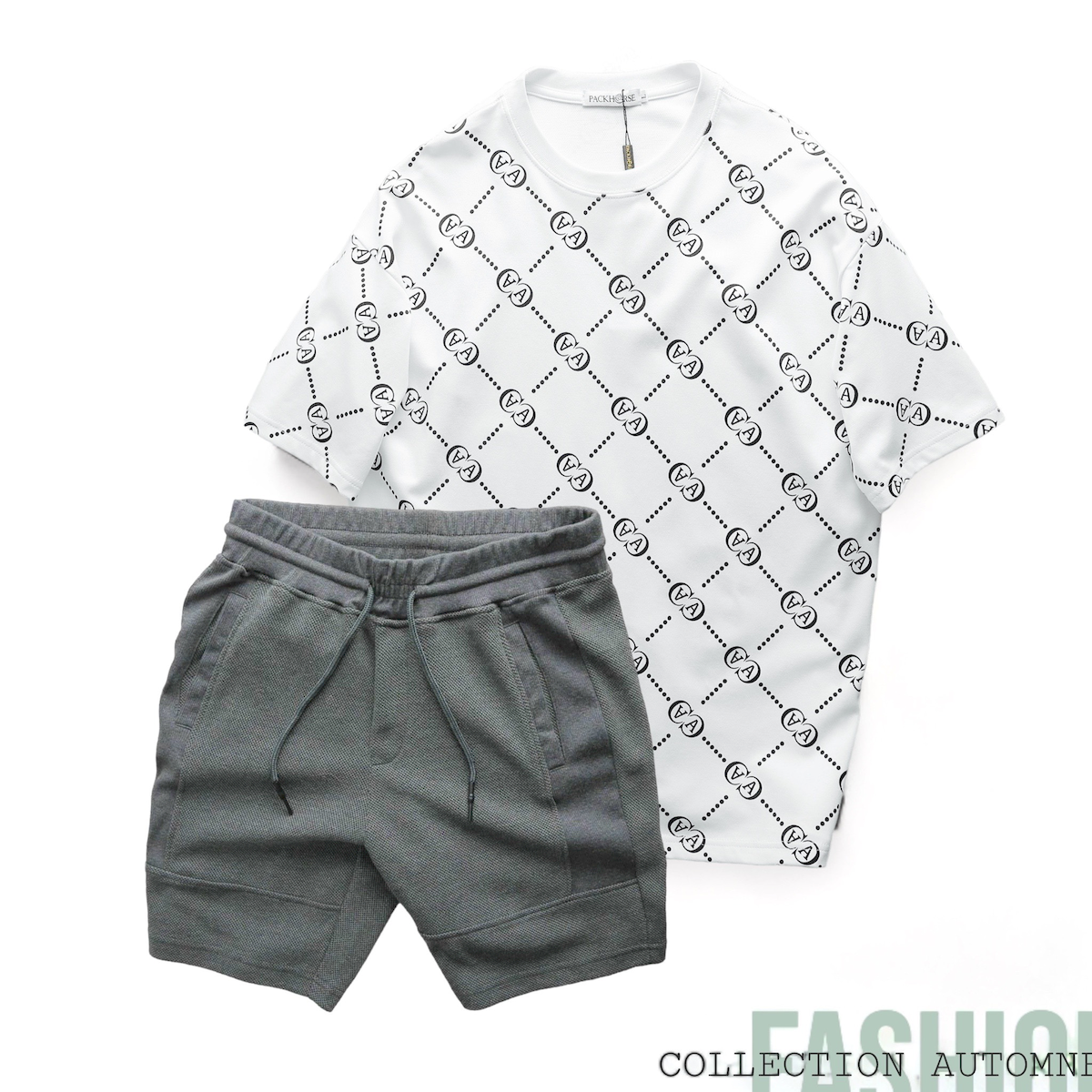 Set bộ nam Pack Horse áo cổ tròn in chữ AA quần short thun thể thao