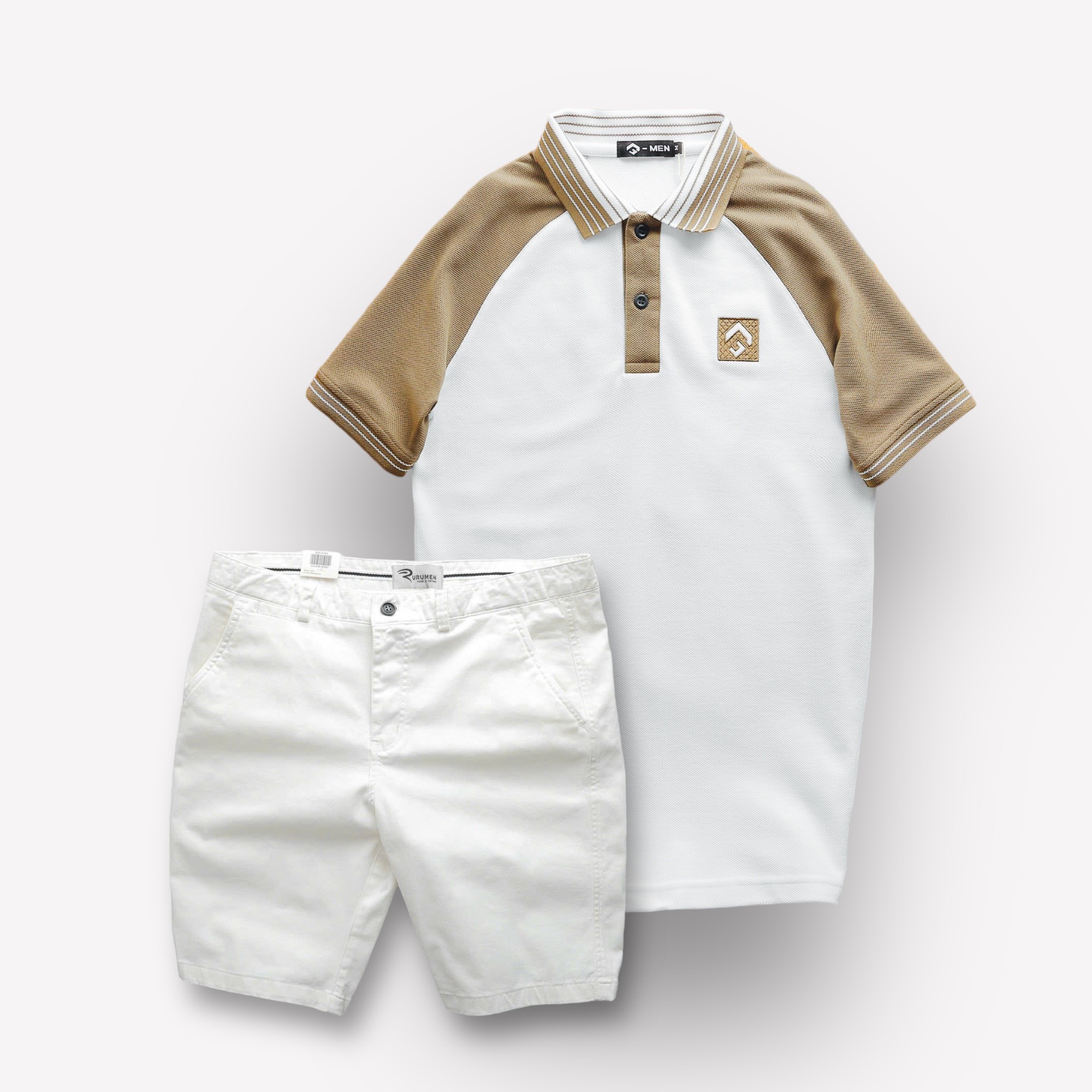 Cận cảnh mẫu áo trắng phối tay nâu cùng quần short trắng