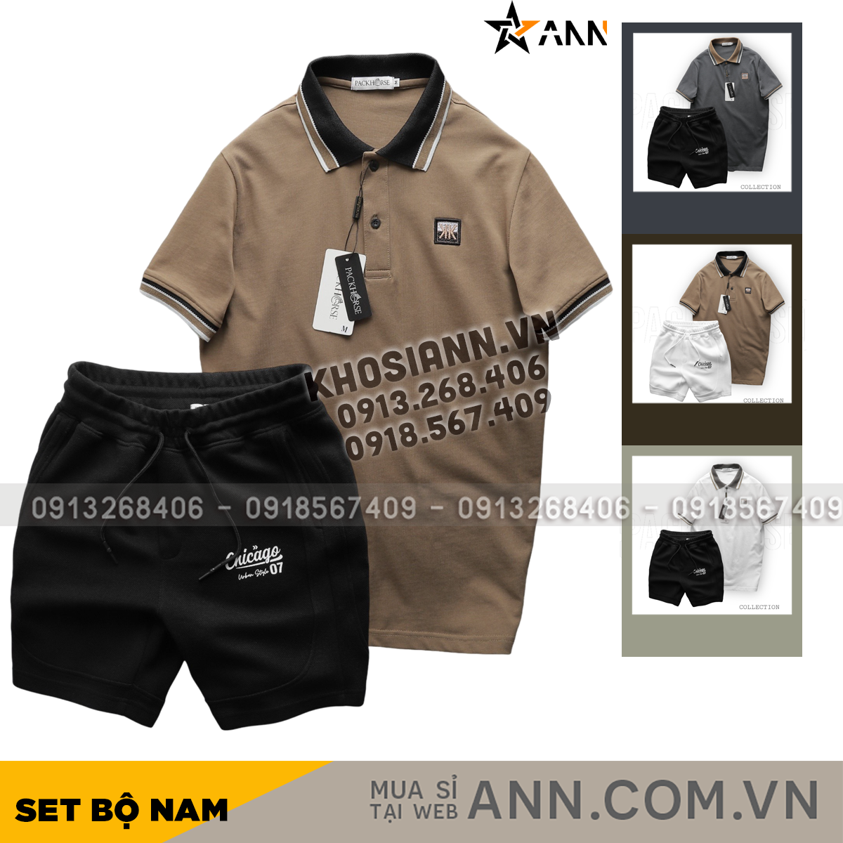 Phối áo polo màu nâu cùng quần short đen