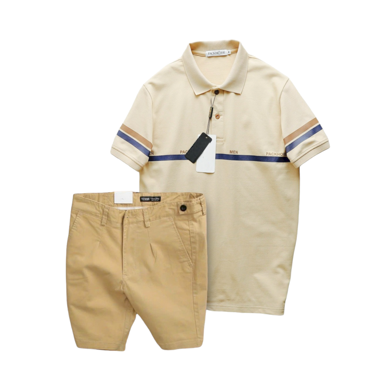 Set Bộ Nam Áo Polo Cổ Bẻ Viền Hai Sọc Quần Short Kaki Cúc Đen