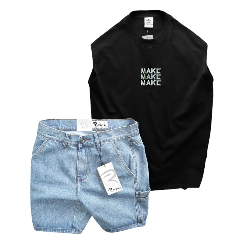 Phối áo ba lỗ in chữ “Make” cùng quần short jeans tông xanh denim