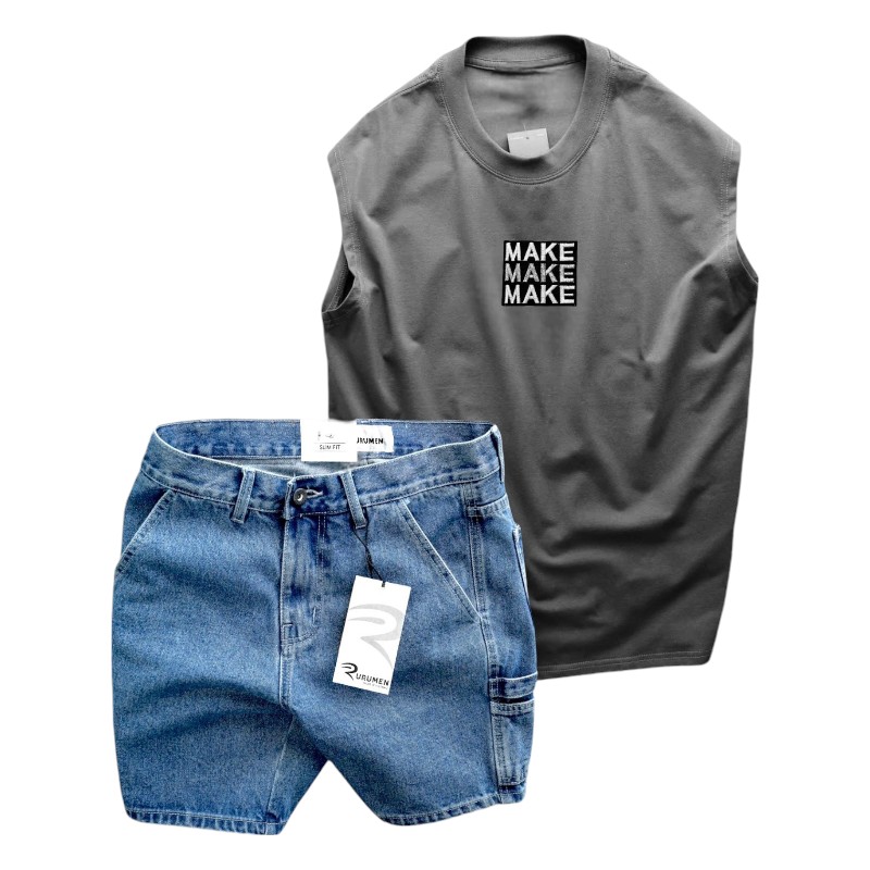 Set Bộ Nam Áo Thun 3 Lỗ In Chữ Make Quần Short Jeans