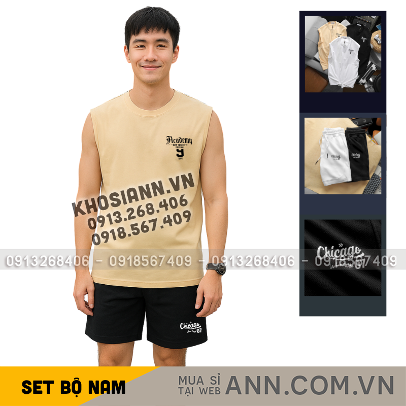 Hình ảnh mặc thực tế của set áo ba lỗ và quần short