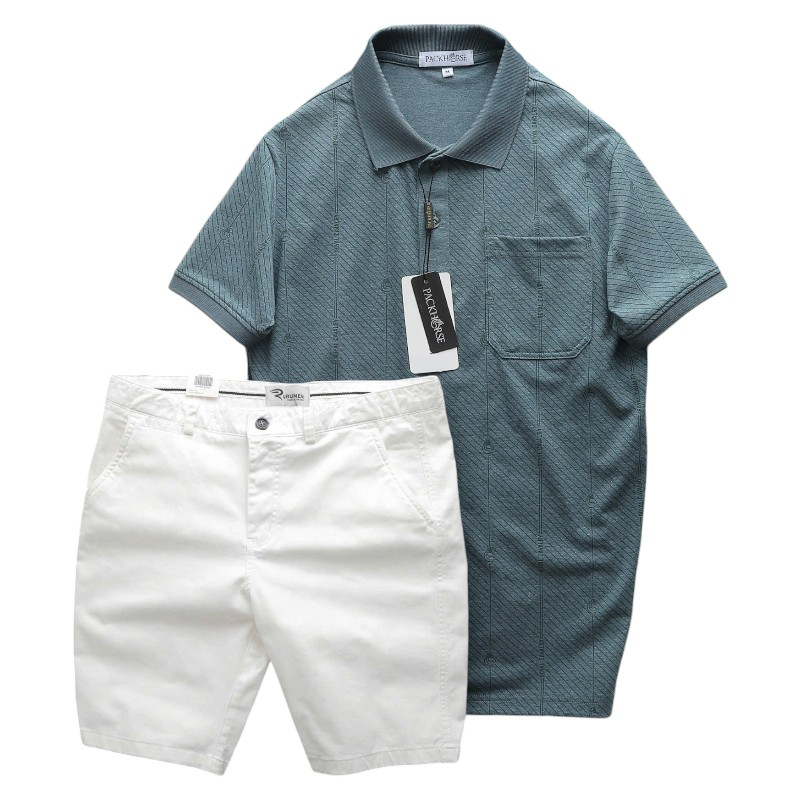 Set Bộ Nam Áo Thun Cổ Bẻ Có Túi Trước Ngực + Quần Short Kaki Nam Cao Cấp (Size 3XL)