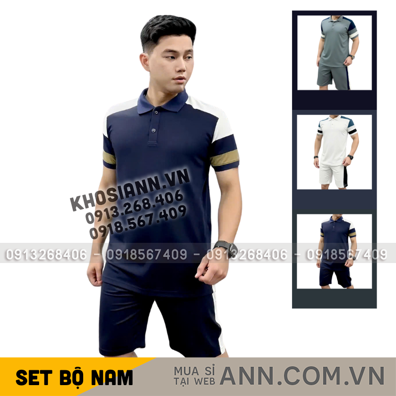 Set Bộ Nam Áo Thun Cổ Bẻ Phối Sọc Màu + Quần Short Thun Thể Thao Big Size