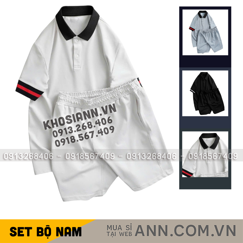 Set bộ nam áo thun cổ bẻ phối sọc tay áo và quần short thun big size