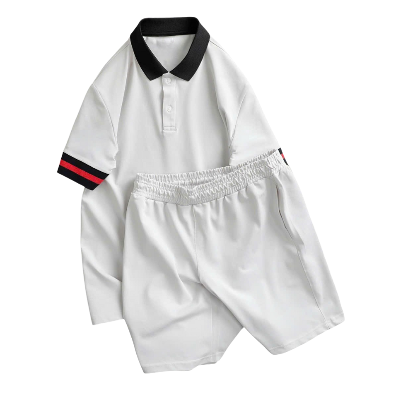 Set bộ nam áo thun cổ bẻ phối sọc tay áo và quần short thun big size