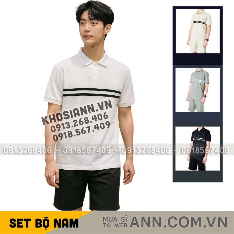 Set bộ nam big size áo thun cổ bẻ phối sọc trước ngực và quần short thun