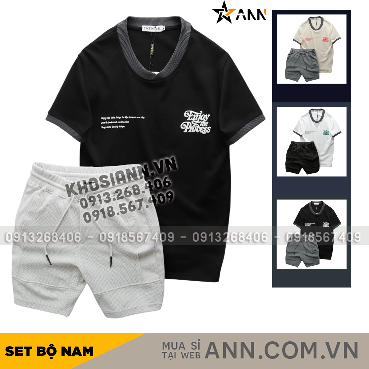 Set Bộ Nam Áo Thun Cổ Tròn In Chữ Enjoy The Process + Quần Short Thun Thể Thao