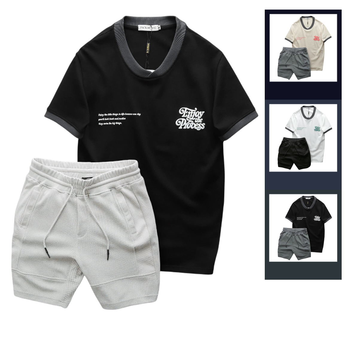 Hình ảnh Set Bộ Nam Áo Thun Cổ Tròn In Chữ Enjoy The Process + Quần Short Thun Thể Thao Cao Cấp trong bộ sưu tập áo thun nam cotton
