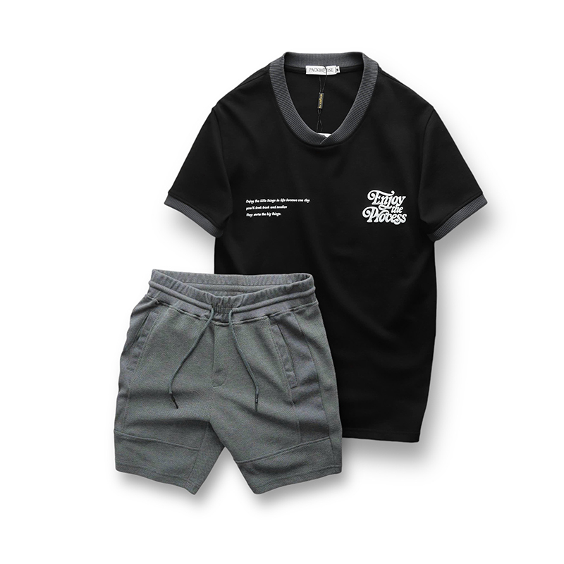 Set Bộ Nam Áo Thun Cổ Tròn In Chữ Enjoy The Process + Quần Short Thun Thể Thao