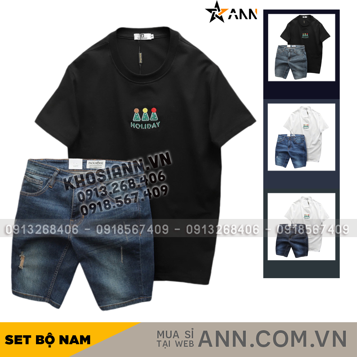Set Bộ Nam Áo Thun Cổ Tròn In Chữ Holiday Và Quần Short Jeans Co Giãn Size 3X