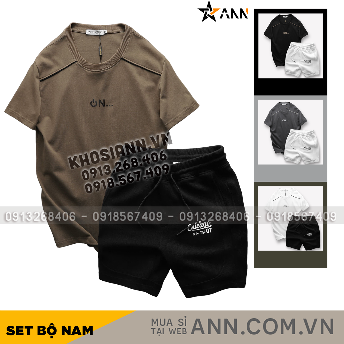 Set Bộ Nam Áo Thun Cổ Tròn Logo Chữ Nổi Quần Short Thun In Chữ Chicago