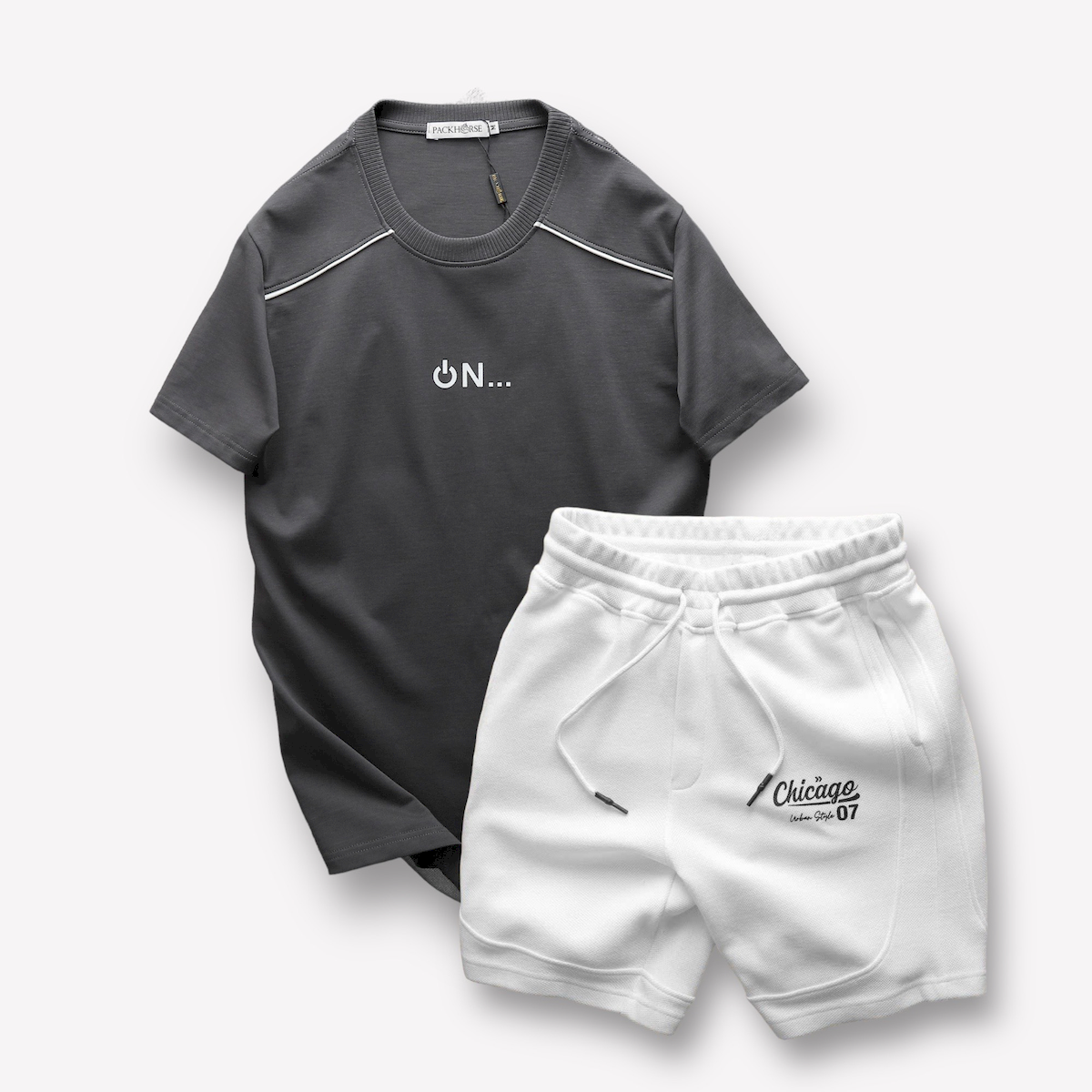 Set Bộ Nam Áo Thun Cổ Tròn Logo Chữ Nổi Quần Short Thun In Chữ Chicago
