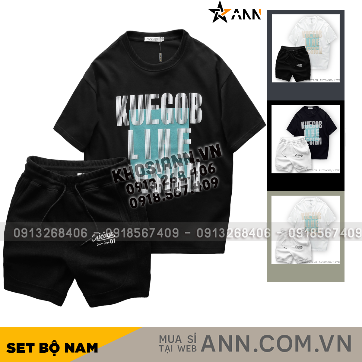 Set Bộ Nam Áo Thun Cổ Tròn Oversize In Chữ Sọc Quần Short Thun