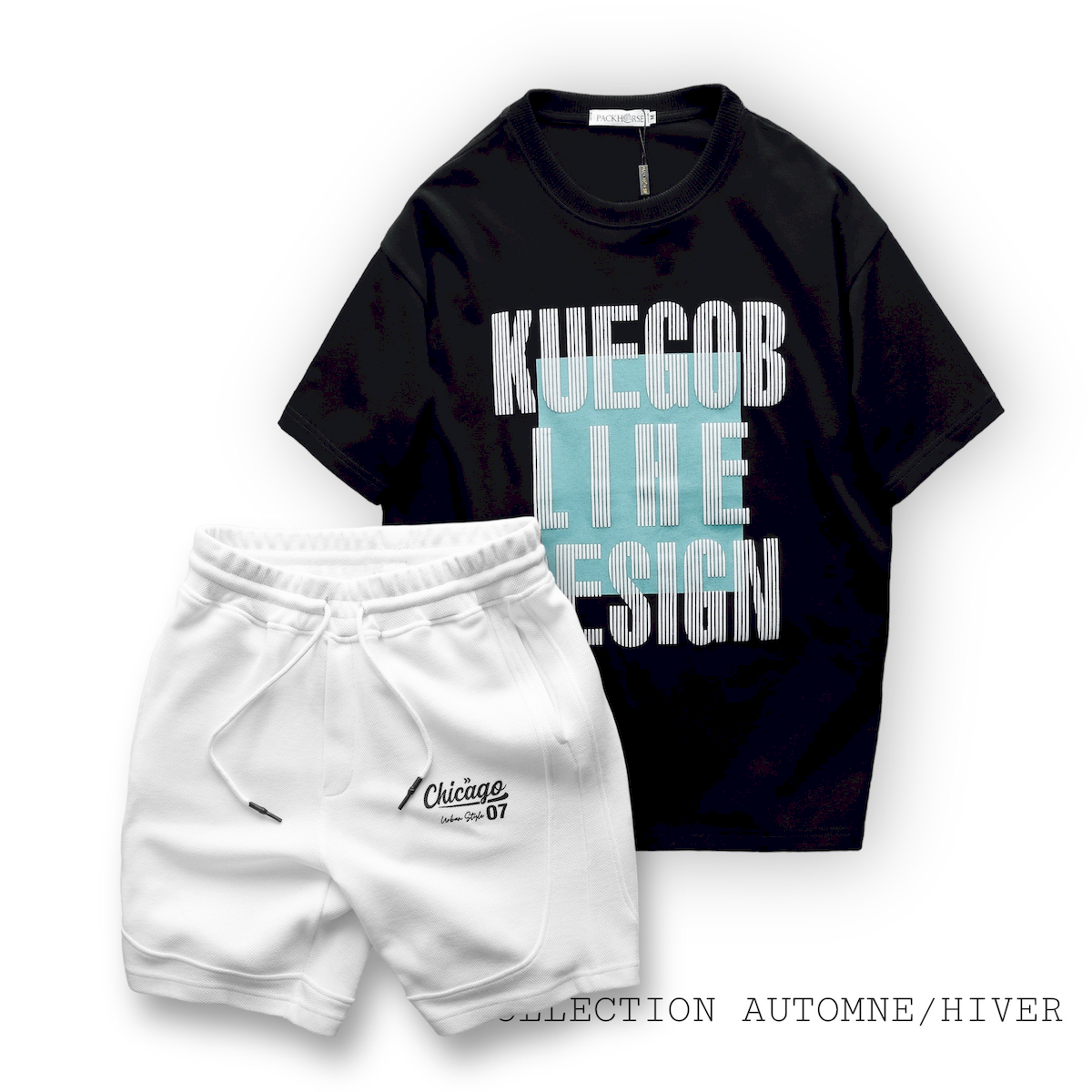 Set Bộ Nam Áo Thun Cổ Tròn Oversize In Chữ Sọc Quần Short Thun
