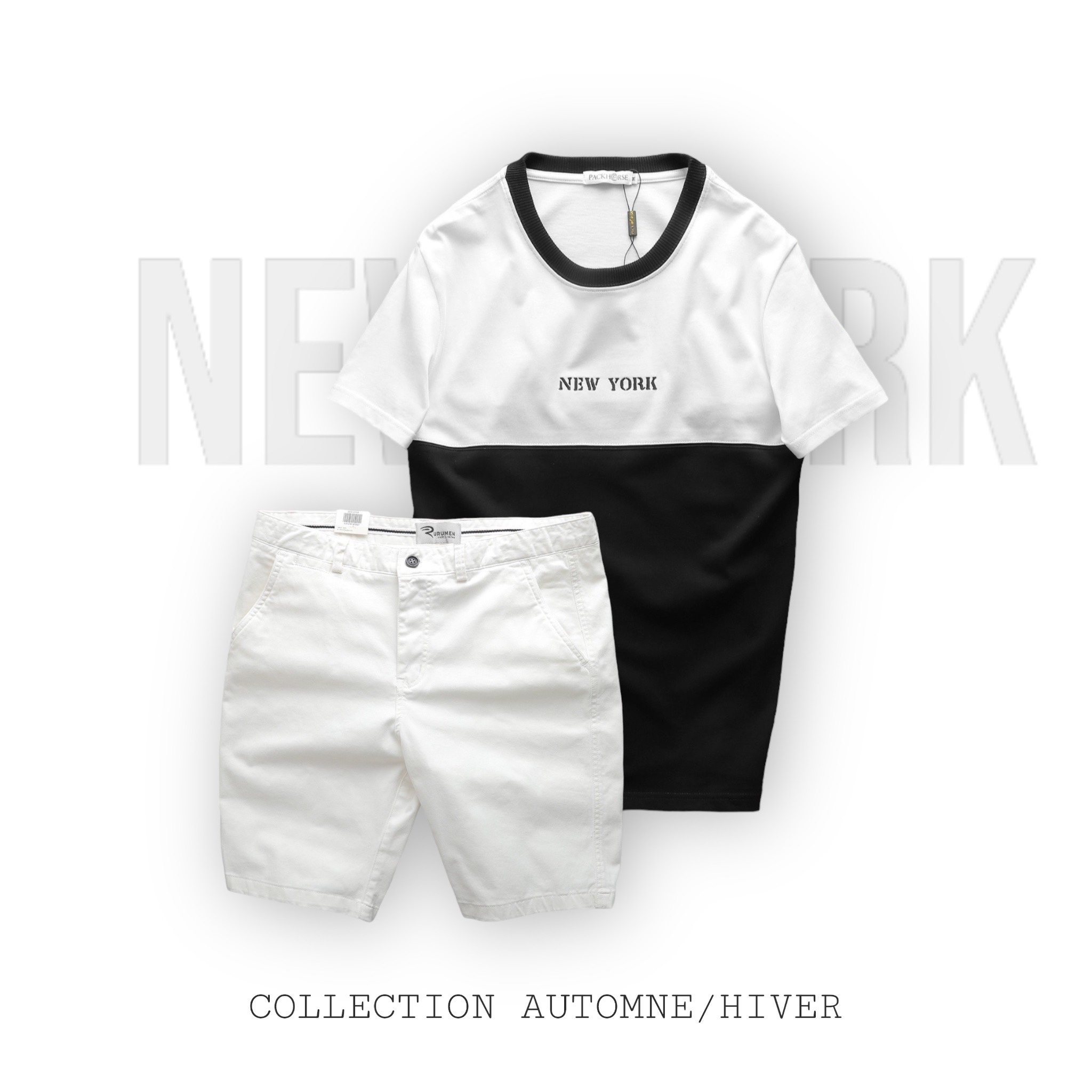 Áo cổ tròn phối hai màu đi cùng quần short tông sáng