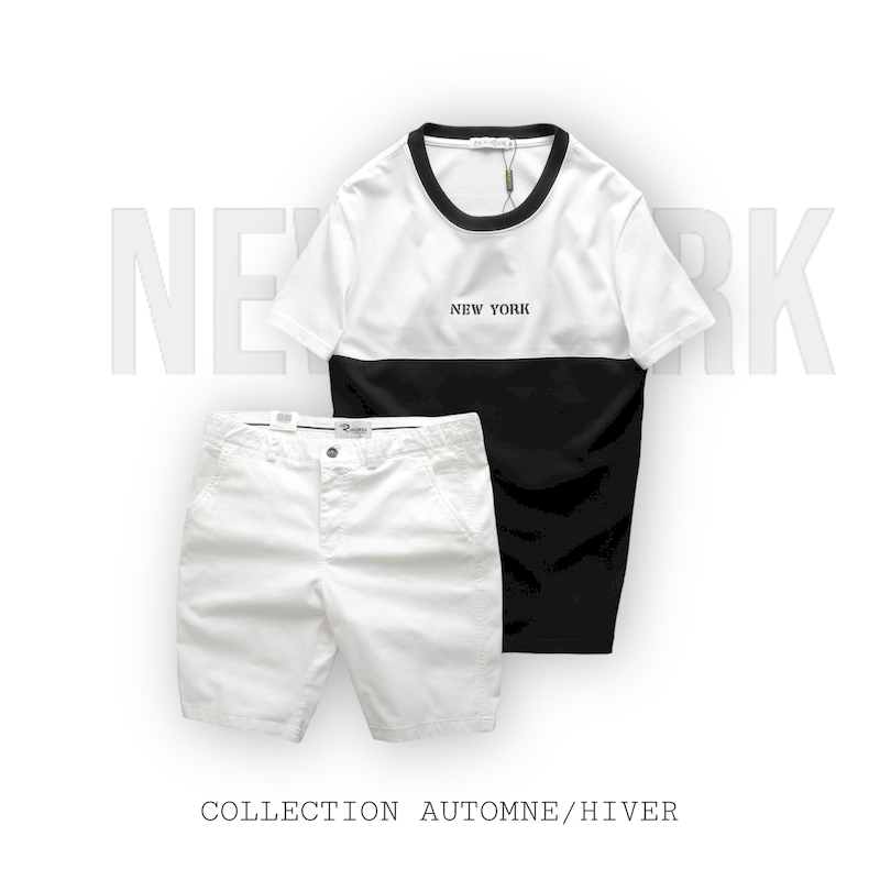 Tổng thể set với áo in chữ New York và quần short sáng màu