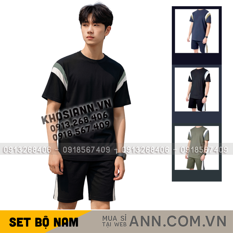 Tổng thể set áo cổ tròn phối vai và quần short đồng bộ