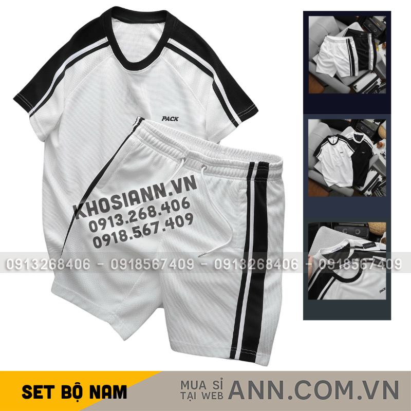 Set Bộ Nam Áo Thun Cổ Tròn Phối Sọc Vai Thêu Chữ Pack + Quần Short Thun Phối Sọc Hai Bên Size M-XXL - Size Set