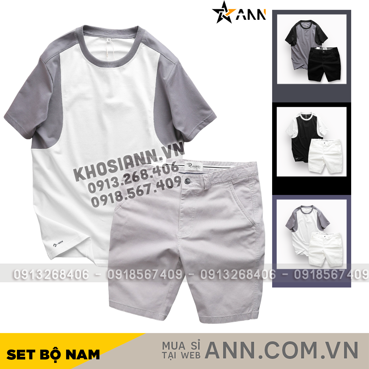 Ảnh tổng thể set áo thun tay phối màu và quần short kaki