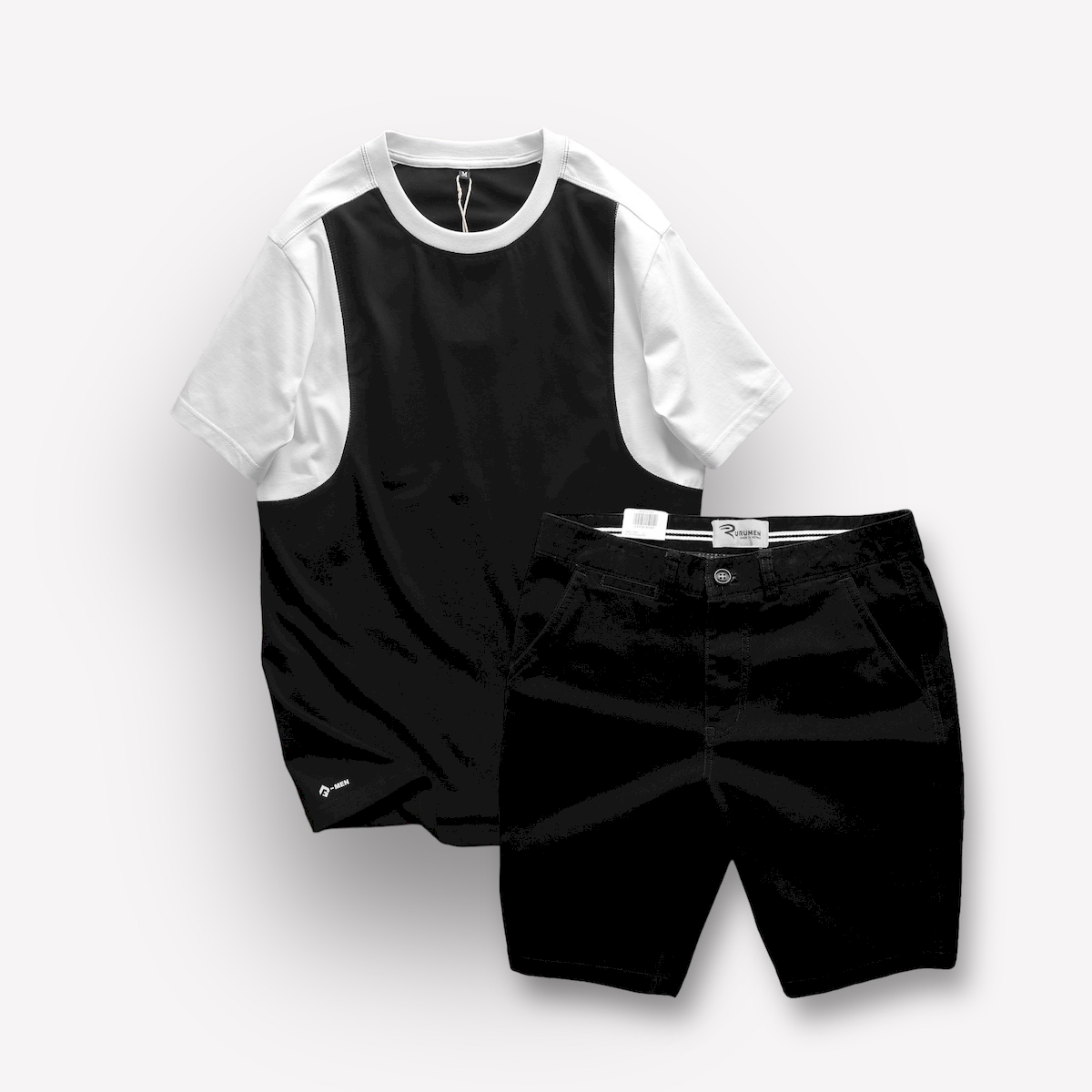 Phối áo đen tay trắng đi cùng quần short tối màu