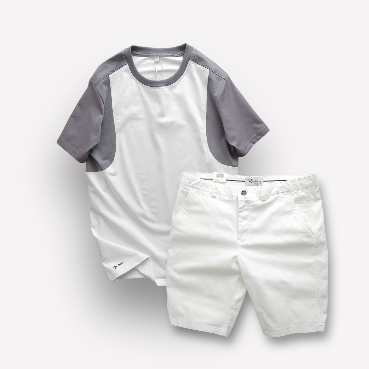 Set bộ nam áo thun cổ tròn tay phối màu + quần short kaki Rurumen