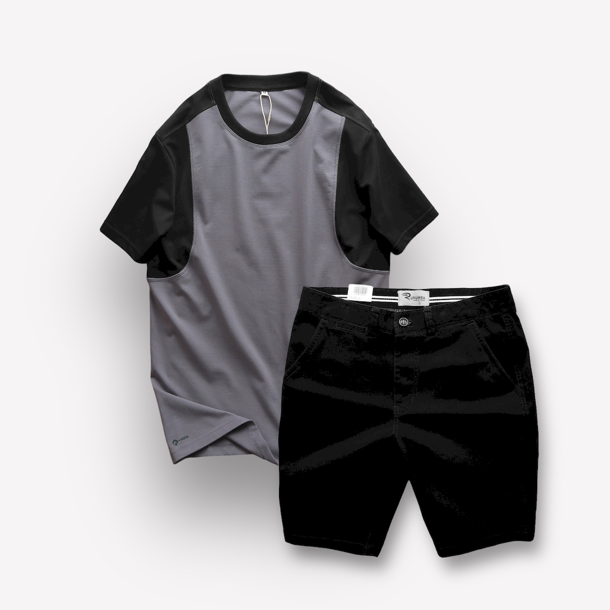 Set bộ nam áo thun cổ tròn tay phối màu + quần short kaki Rurumen