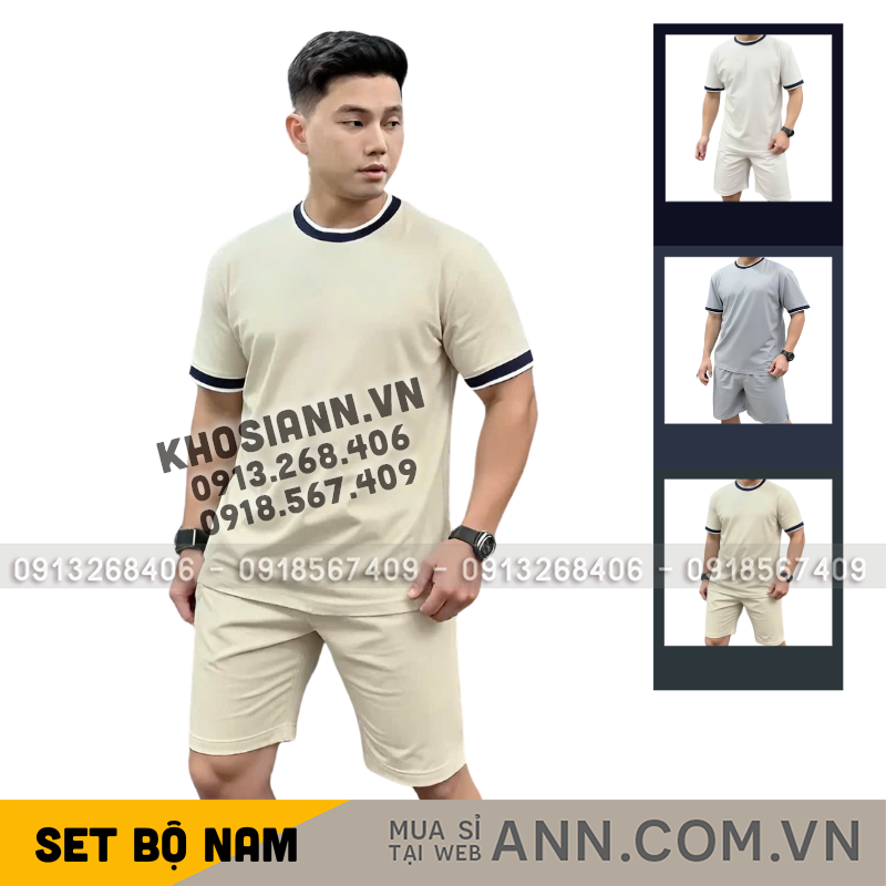 Set Bộ Nam Áo Thun Cổ Tròn Viền Cổ & Tay Áo + Quần Short Thun Thể Thao Cao Cấp (Big Size)