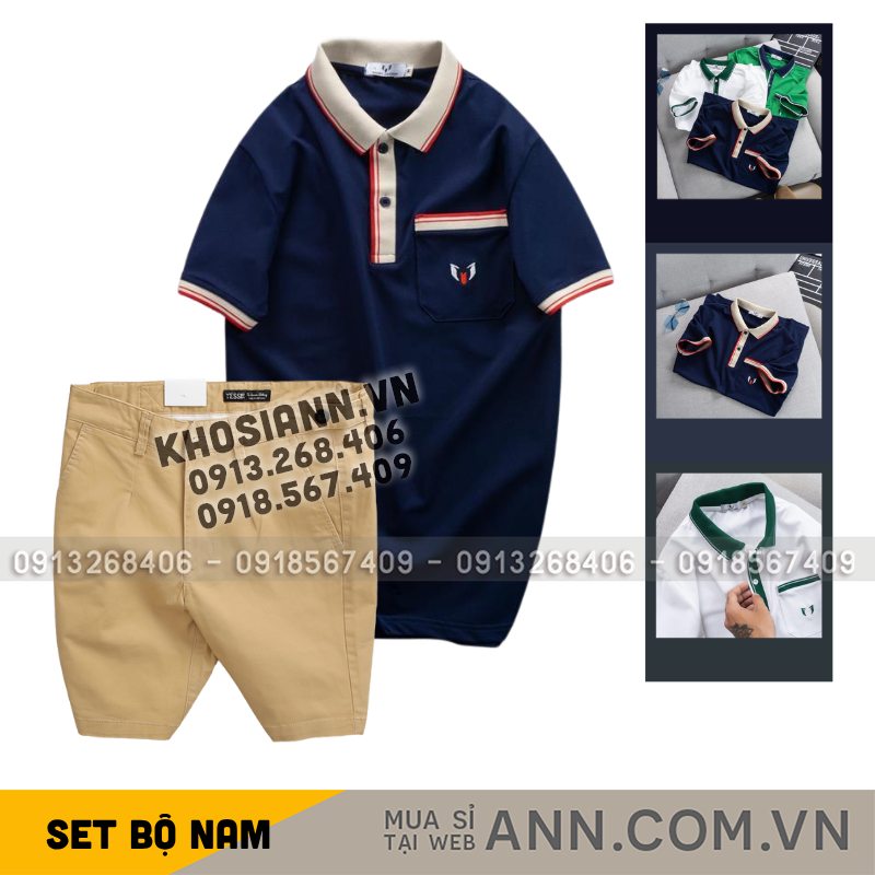 Set bộ nam áo thun polo cổ bẻ cá sấu poly túi nhỏ thêu logo và quần short kaki co giãn phối nút Size 36