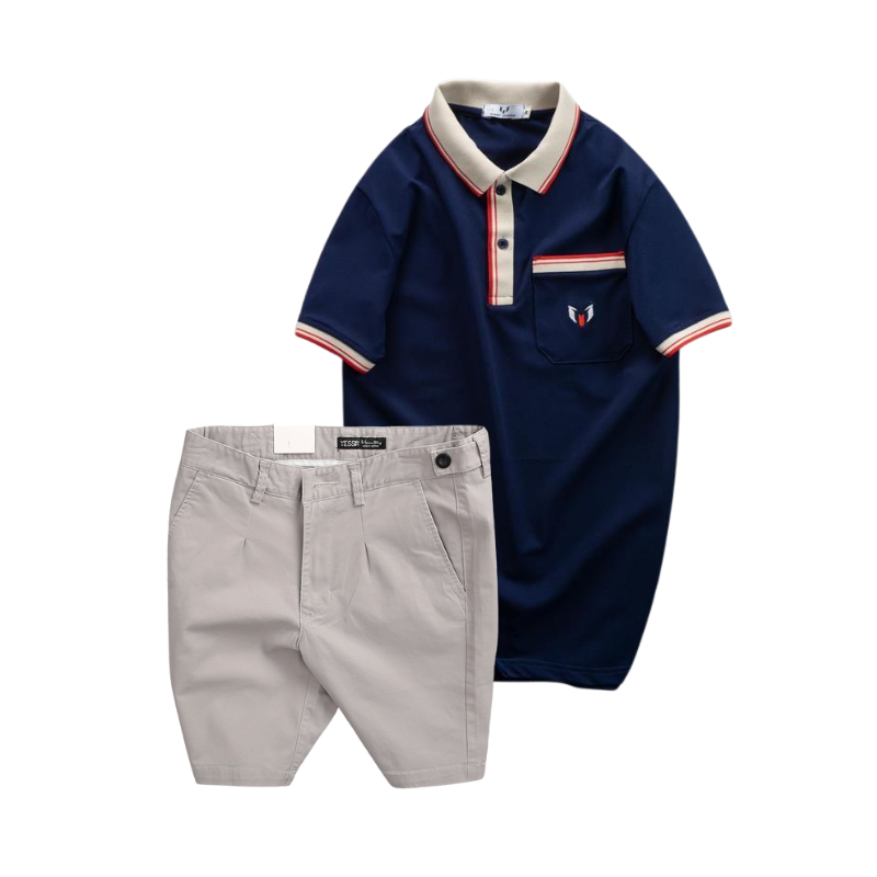 Set bộ nam áo thun polo cổ bẻ cá sấu poly túi nhỏ thêu logo và quần short kaki co giãn phối nút Size 36