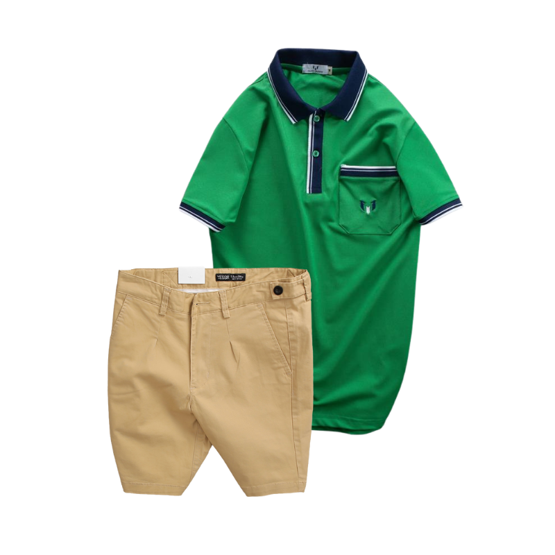 Set bộ nam áo thun polo cổ bẻ cá sấu poly túi nhỏ thêu logo và quần short kaki co giãn phối nút Size 36