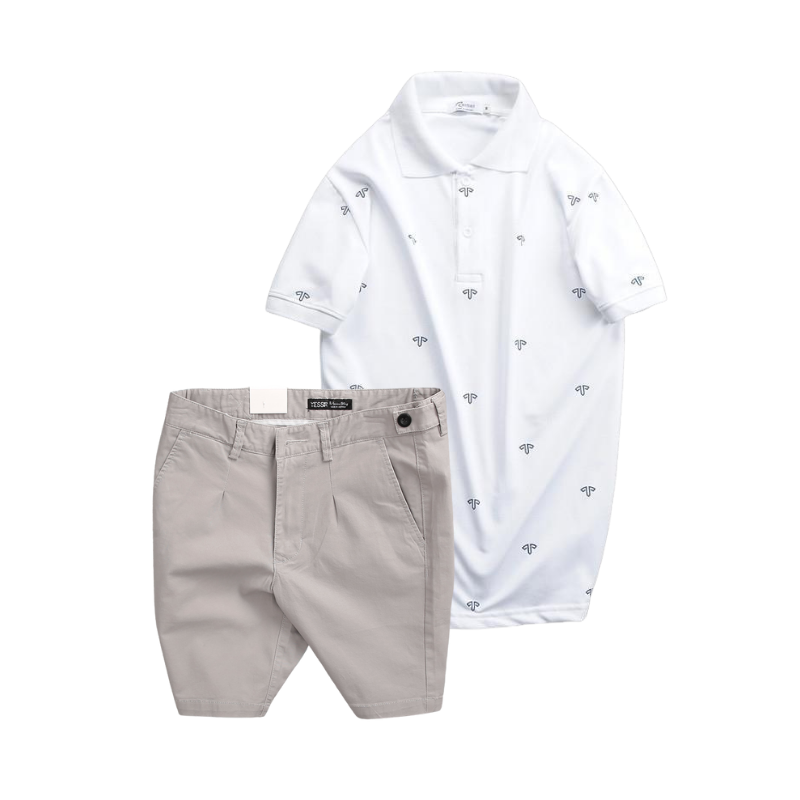 Set Bộ Nam Áo Thun Polo Cổ Bẻ In Họa Tiết Đơn Giản Thun Cá Sấu Poly Và Quần Short Kaki Co Giãn Phối Nút Size 36