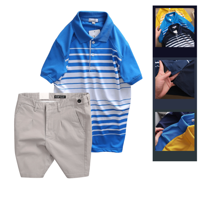 Hình ảnh Set Bộ Nam - Áo Thun Nam Polo Cổ Bẻ Phối Sọc Trắng Bền Đẹp Và Quần Short Kaki Co Giãn Phối Nút Cao Cấp (Có Size 36) trong bộ sưu tập áo thun có cổ