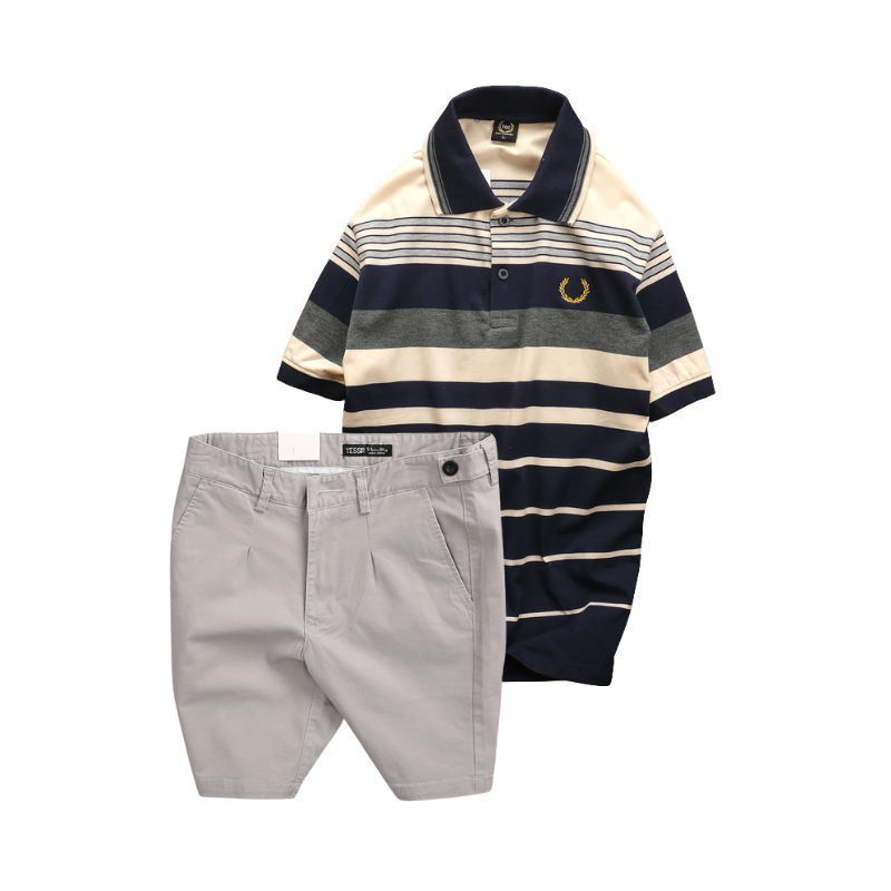 Set Bộ Nam Áo Thun Polo Cổ Bẻ Phối Sọc Vải Cotton Thêu Logo Hoàng Gia Và Quần Short Kaki Co Giãn Phối Nút Cao Cấp Size 36