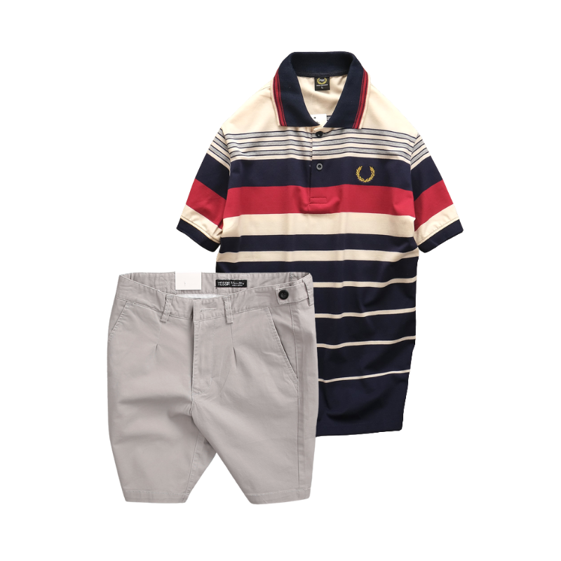 Phối áo polo sọc ngang cùng quần short màu sáng