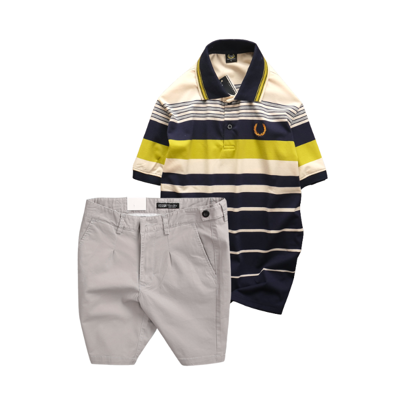 Set Bộ Nam Áo Thun Polo Cổ Bẻ Phối Sọc Vải Cotton Thêu Logo Hoàng Gia Và Quần Short Kaki Co Giãn Phối Nút Cao Cấp Size 36