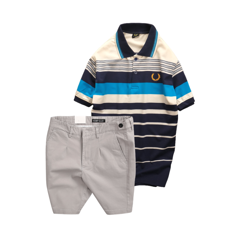 Set Bộ Nam Áo Thun Polo Cổ Bẻ Phối Sọc Vải Cotton Thêu Logo Hoàng Gia Và Quần Short Kaki Co Giãn Phối Nút Cao Cấp Size 36