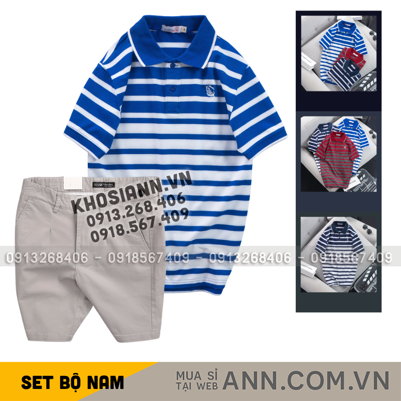Set Bộ Nam Áo Thun Polo Cổ Bẻ Sọc Ngang Thêu Logo Trước Ngực Và Quần Short Kaki Co Giãn Phối Nút Size 36