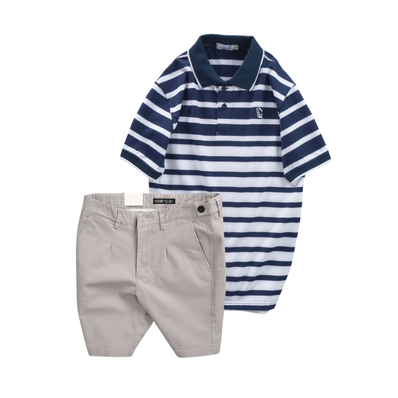 Set Bộ Nam Áo Thun Polo Cổ Bẻ Sọc Ngang Thêu Logo Trước Ngực Và Quần Short Kaki Co Giãn Phối Nút Size 36